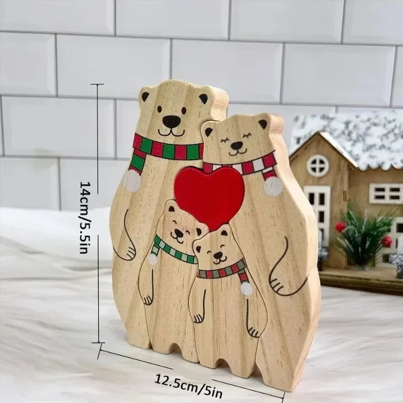 Statuette Ours Noël en Bois Personnalisée – Puzzle Décoratif Écharpe & Cœur Gravé