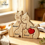 Puzzle Familial Chats en Bois Personnalisable – Statuette Décorative Prénoms Gravés