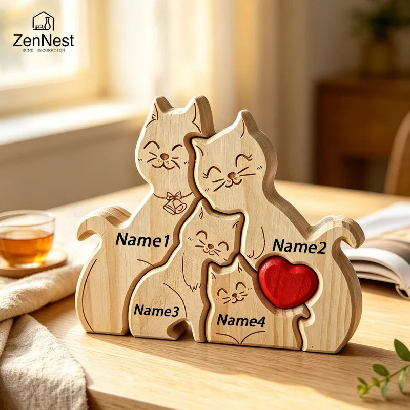 Puzzle Familial Chats en Bois Personnalisable – Statuette Décorative Prénoms Gravés