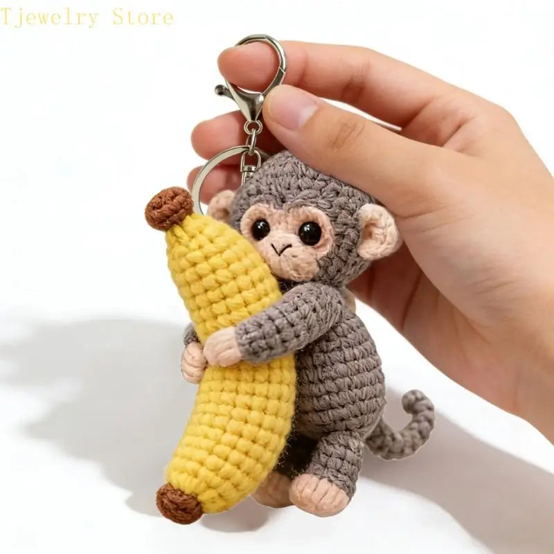 Porte-Clés Singe Tricoté avec Banane – Pendentif Crochet Fait Main Kawaii