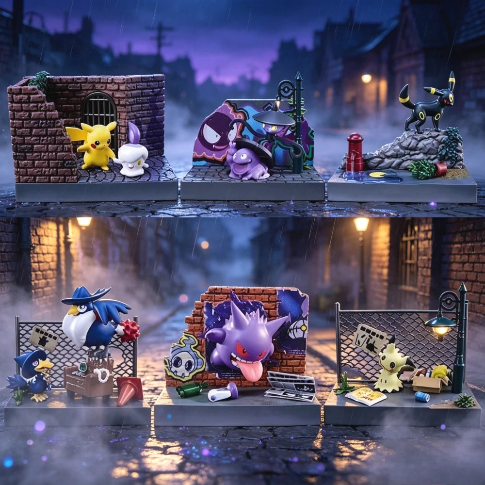 Lot de mini-figurines Pokémon variées présentées sur de petits socles thématiques d'environnement urbain et de ruelle nocturne