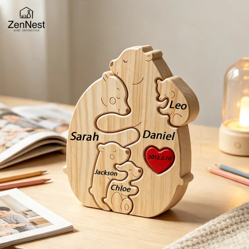 Puzzle Familial Ourse & Oursons en Bois Personnalisé – Statuette Cœur Gravée