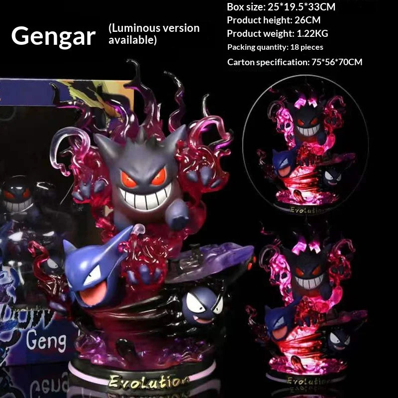 Statues de collection premium représentant divers Pokémon emblématiques accompagnés de socles et d'effets d'attaque spectaculaires.