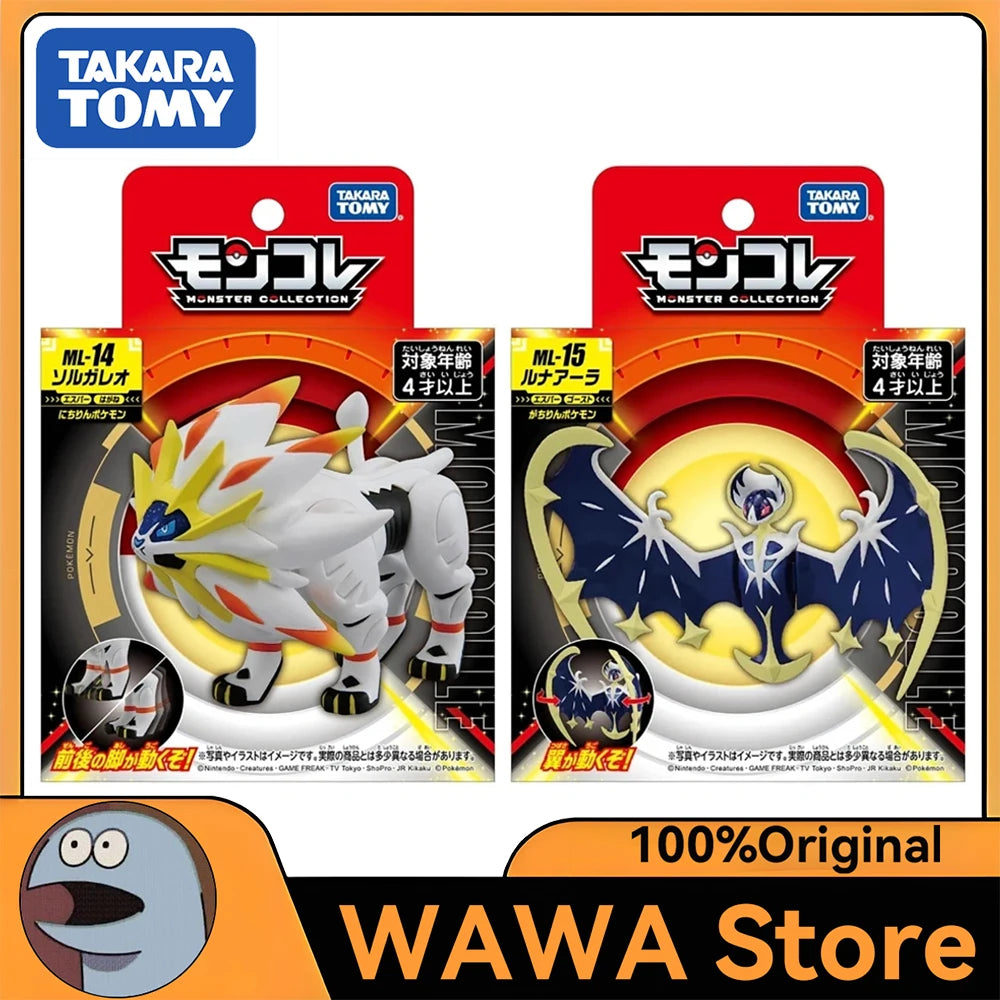 Figurine Pokémon officielle de Solgaleo et Lunala, emblèmes du Soleil et de la Lune.