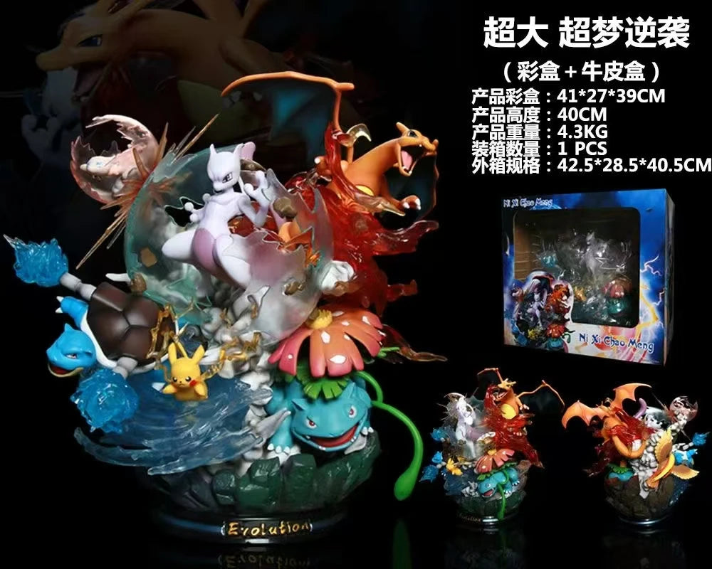 Imposante statue de collection diorama représentant un affrontement épique entre Mewtwo, Dracaufeu, Tortank et Florizarre