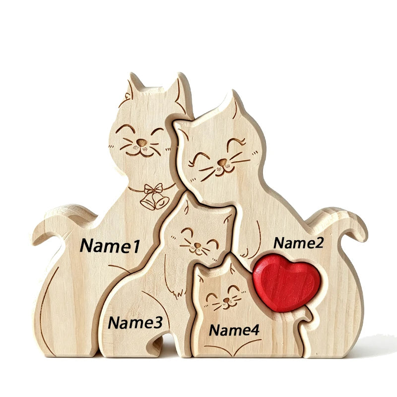 Puzzle Familial Chats en Bois Personnalisable – Statuette Décorative Prénoms Gravés