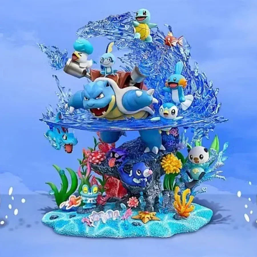 Grand diorama d'exception avec vitrine de protection, représentant la famille d'évolution de Carapuce et de magnifiques effets d'eau dynamiques