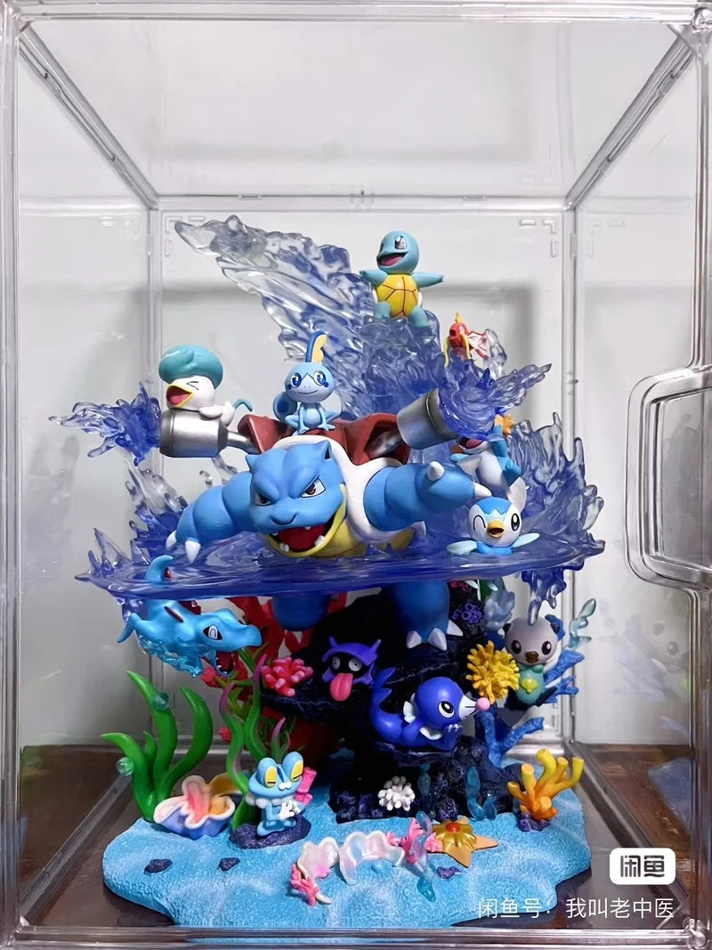 Grand diorama d'exception avec vitrine de protection, représentant la famille d'évolution de Carapuce et de magnifiques effets d'eau dynamiques