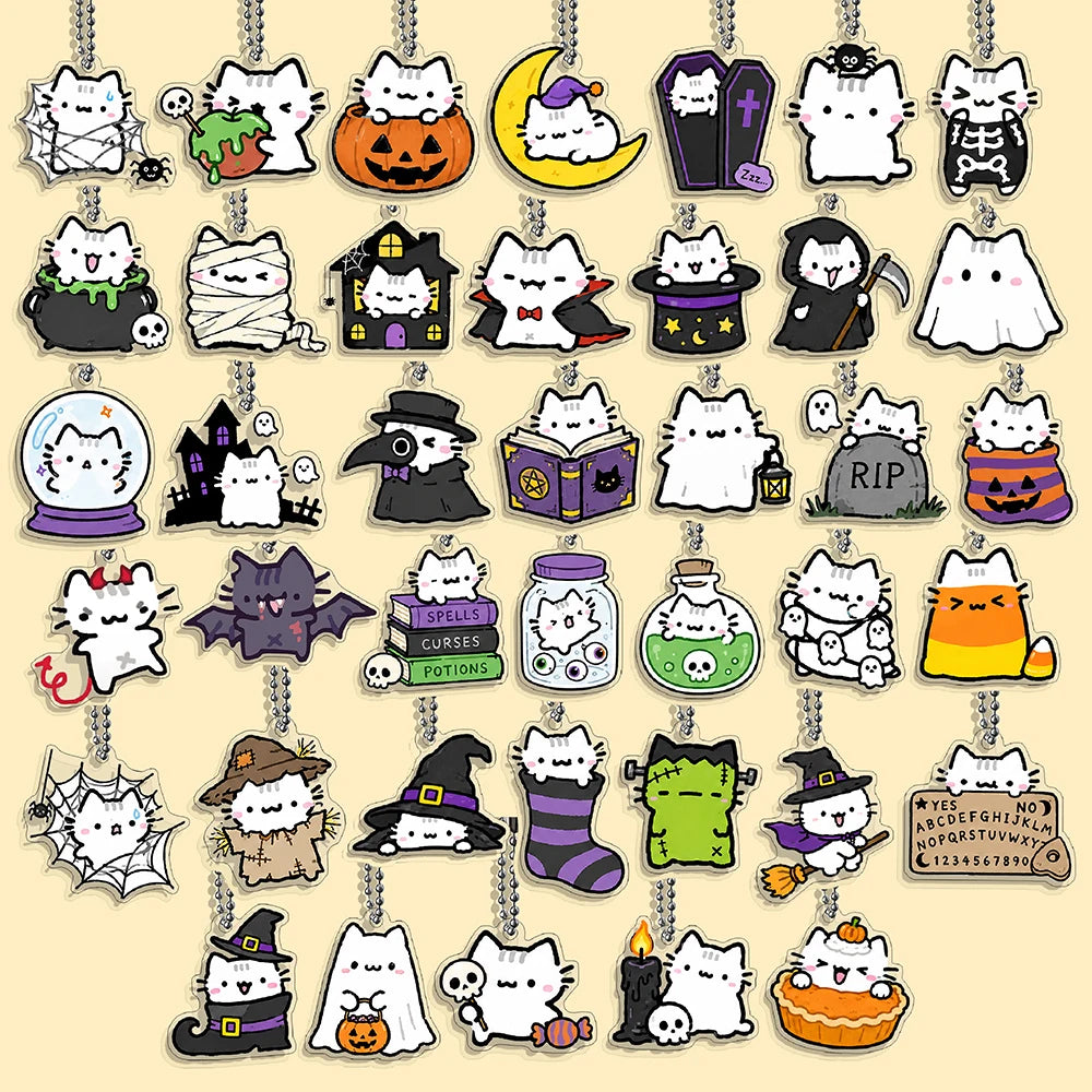 Lot Porte-Clés Chats Halloween – Pendentifs Citrouille, Fantôme & Sorcière Kawaii