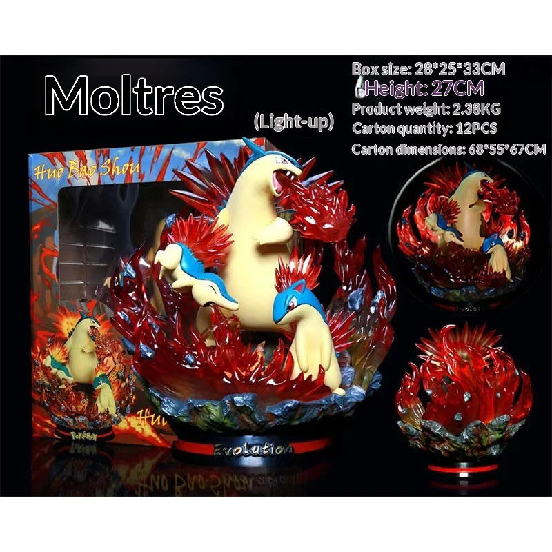 Statues de collection premium représentant divers Pokémon emblématiques accompagnés de socles et d'effets d'attaque spectaculaires.