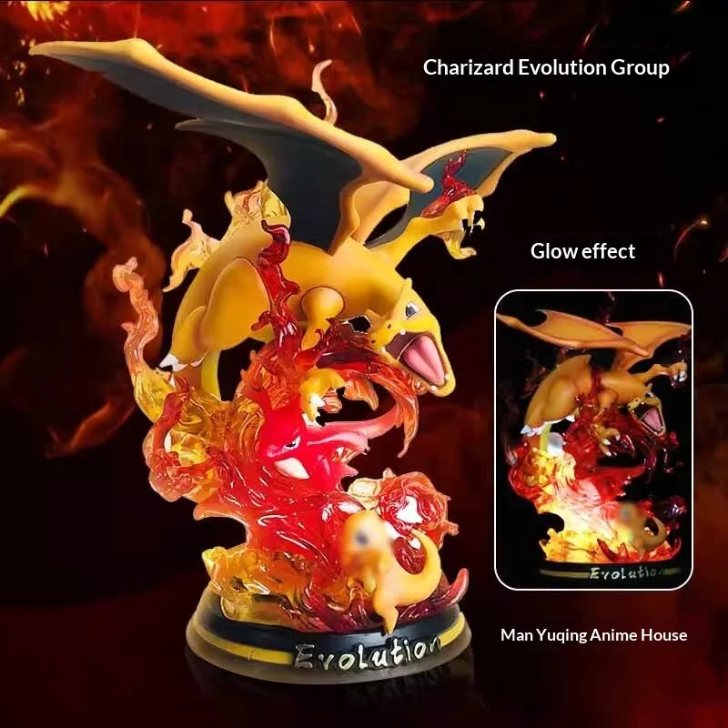 Statues de collection premium représentant divers Pokémon emblématiques accompagnés de socles et d'effets d'attaque spectaculaires.