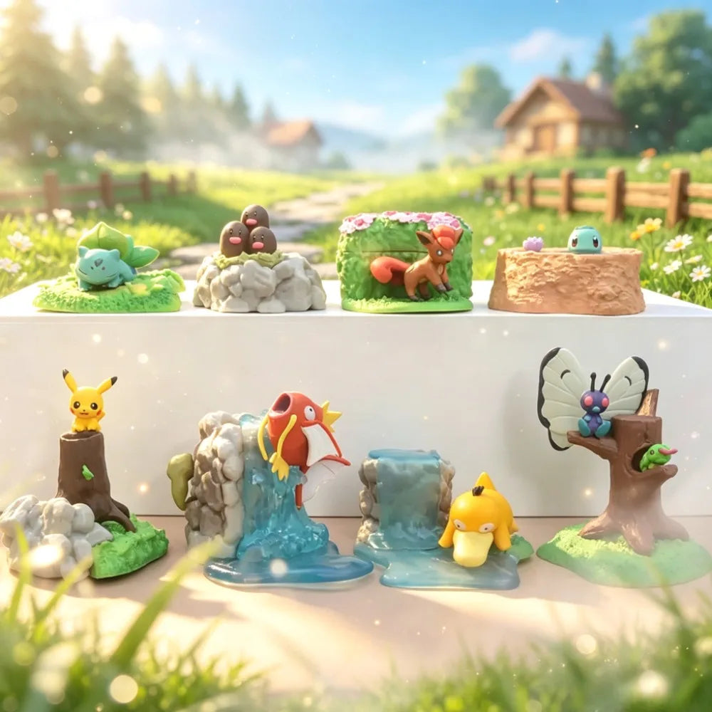 Lot de figurines Pokémon présentées dans des décors naturels variés (rivière, forêt, rochers)