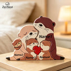 Statuette Loutres Famille en Bois Personnalisée – Puzzle Décoratif Cœur & Prénoms