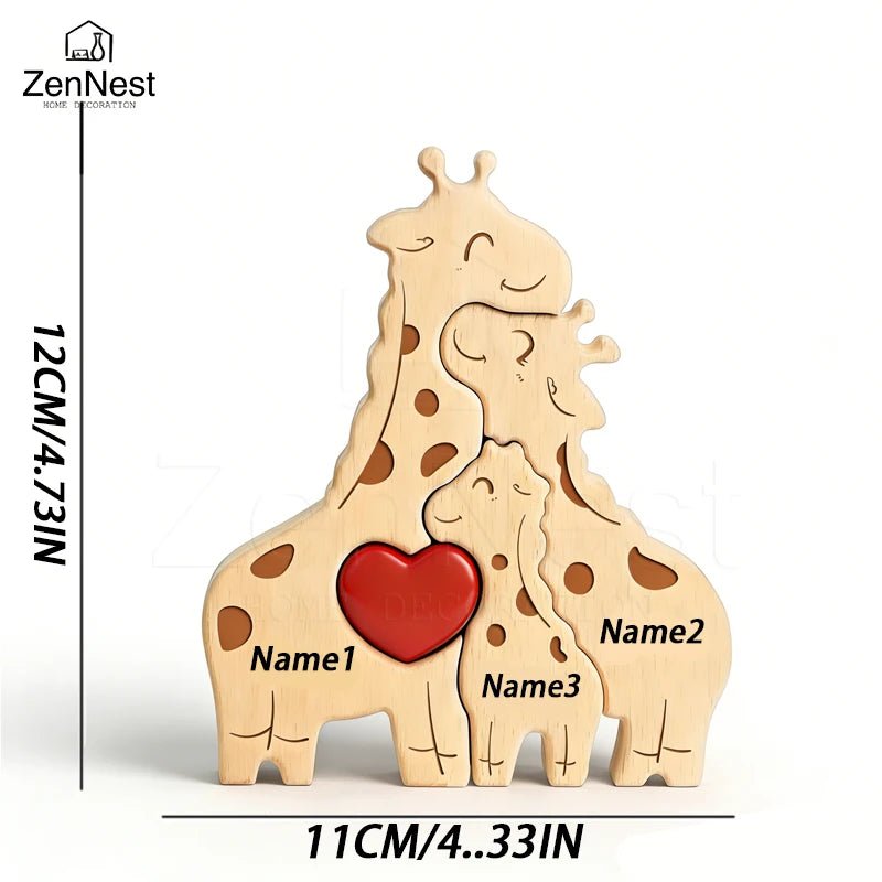 Puzzle Familial Girafes en Bois Personnalisé – Statuette Décorative Prénoms Gravés