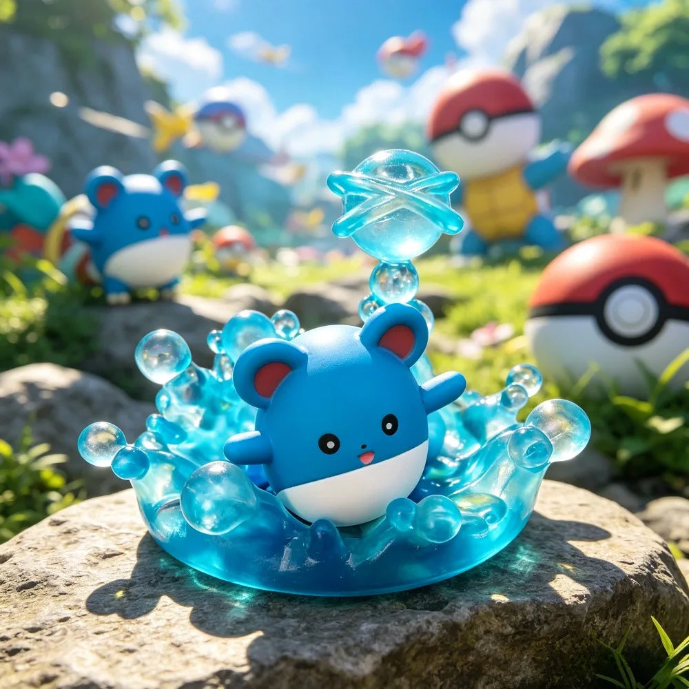 Ensemble de 8 mini-figurines Pokémon posées sur des socles en cristal coloré.