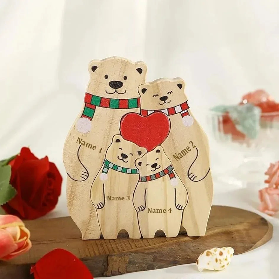 Statuette Ours Noël en Bois Personnalisée – Puzzle Décoratif Écharpe & Cœur Gravé