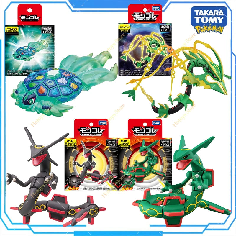 Figurines articulées de la collection Moncolle représentant Rayquaza (version classique et Shiny) ainsi que Torterra avec leurs emballages officiels.