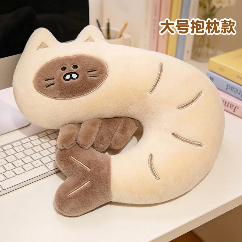 Peluche Chat Incurvée Forme crevette – Coussin de Nuque Moelleux Animaux