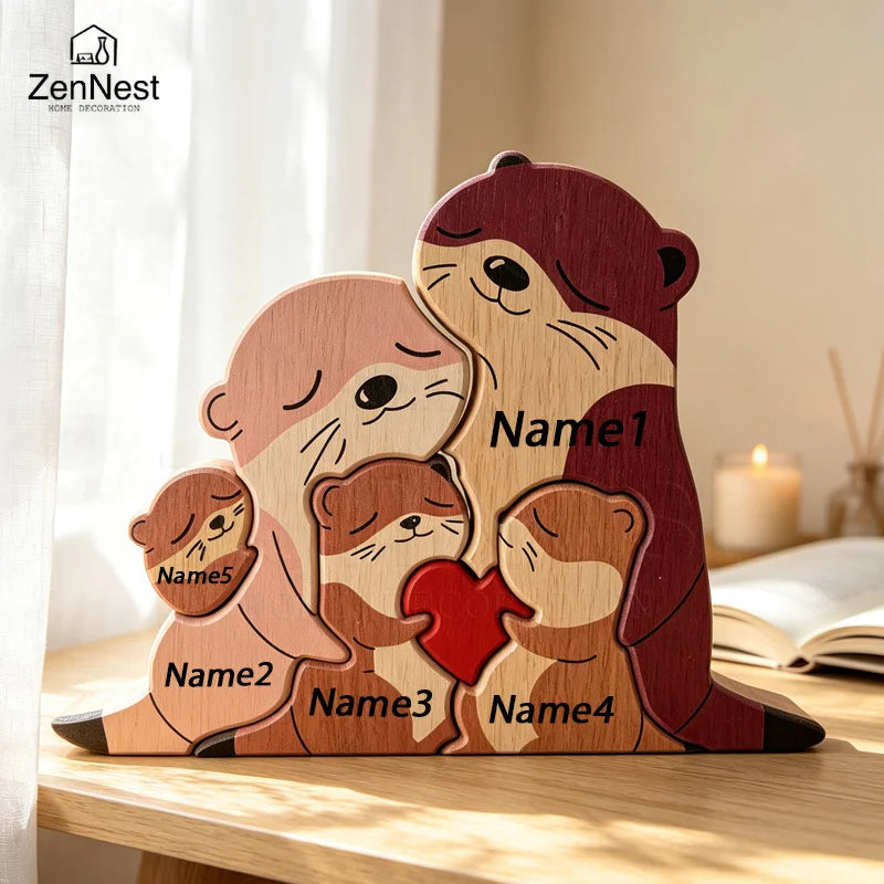 Statuette Loutres Famille en Bois Personnalisée – Puzzle Décoratif Cœur & Prénoms