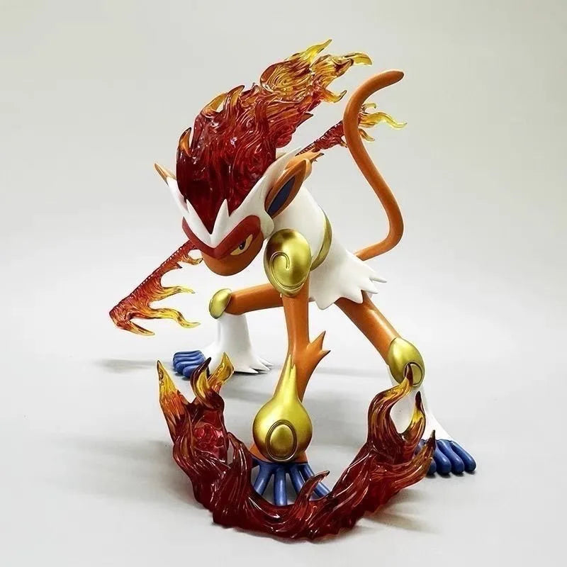 Figurine Pokémon de Simiabraz en position de combat au milieu d'un cercle de feu ardent.