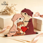 Statuette Loutres Famille en Bois Personnalisée – Puzzle Décoratif Cœur & Prénoms