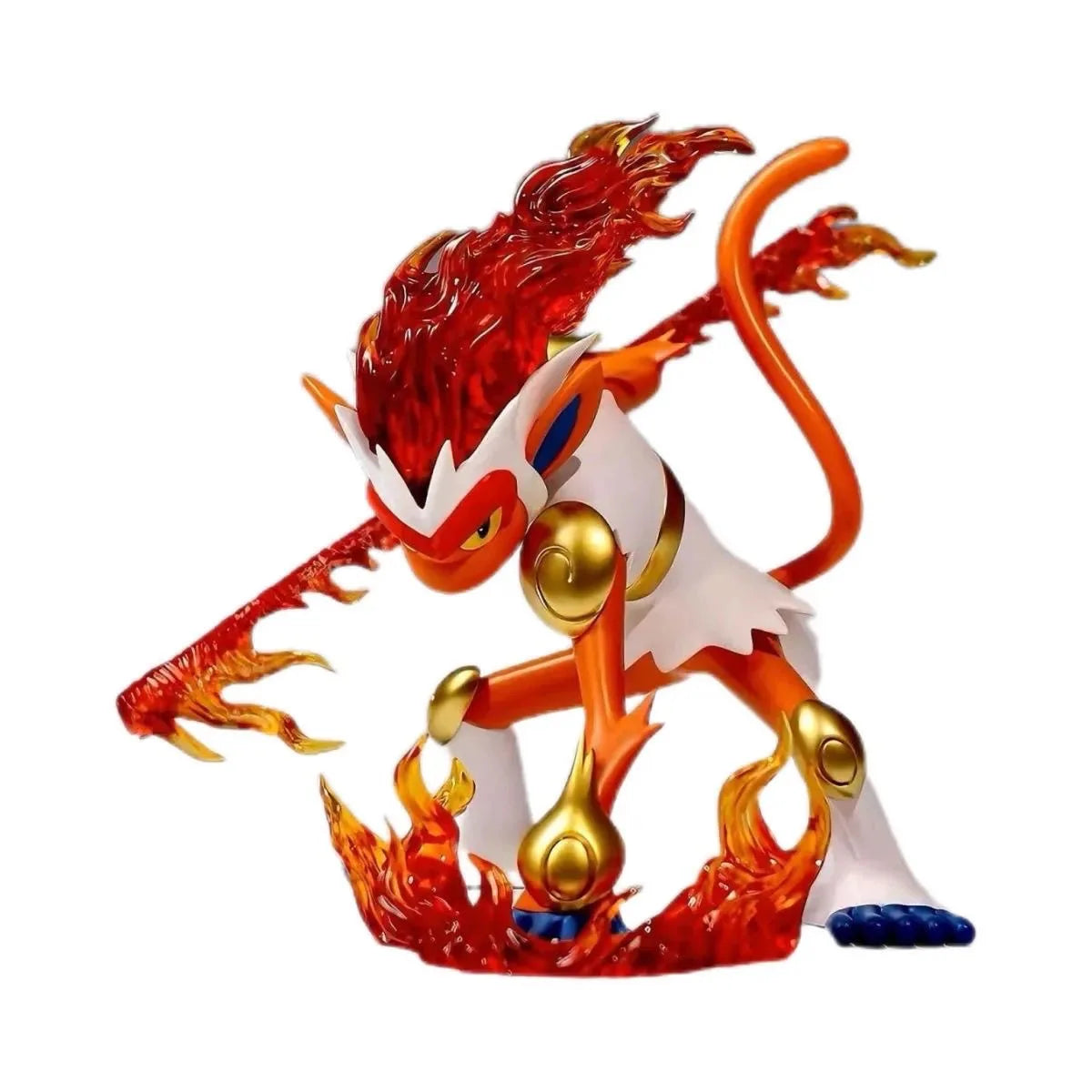 Figurine Pokémon de Simiabraz en position de combat au milieu d'un cercle de feu ardent.