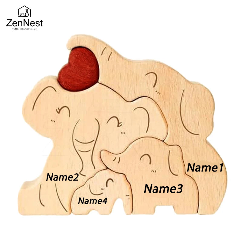 Statuette Éléphants Famille en Bois Personnalisée – Puzzle Décoratif Cœur & Prénoms