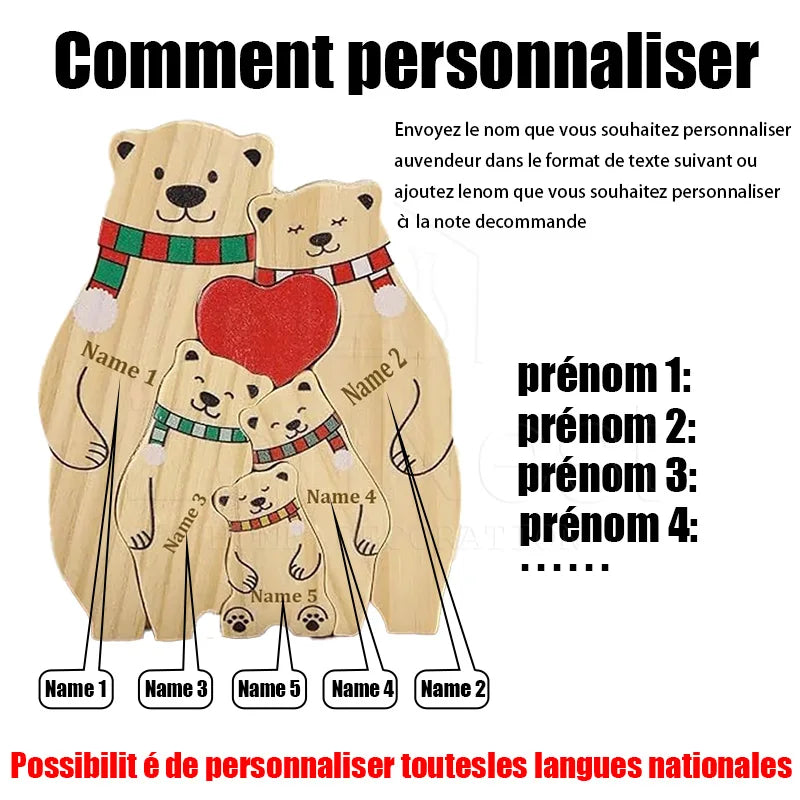 Statuette Ours Noël en Bois Personnalisée – Puzzle Décoratif Écharpe & Cœur Gravé