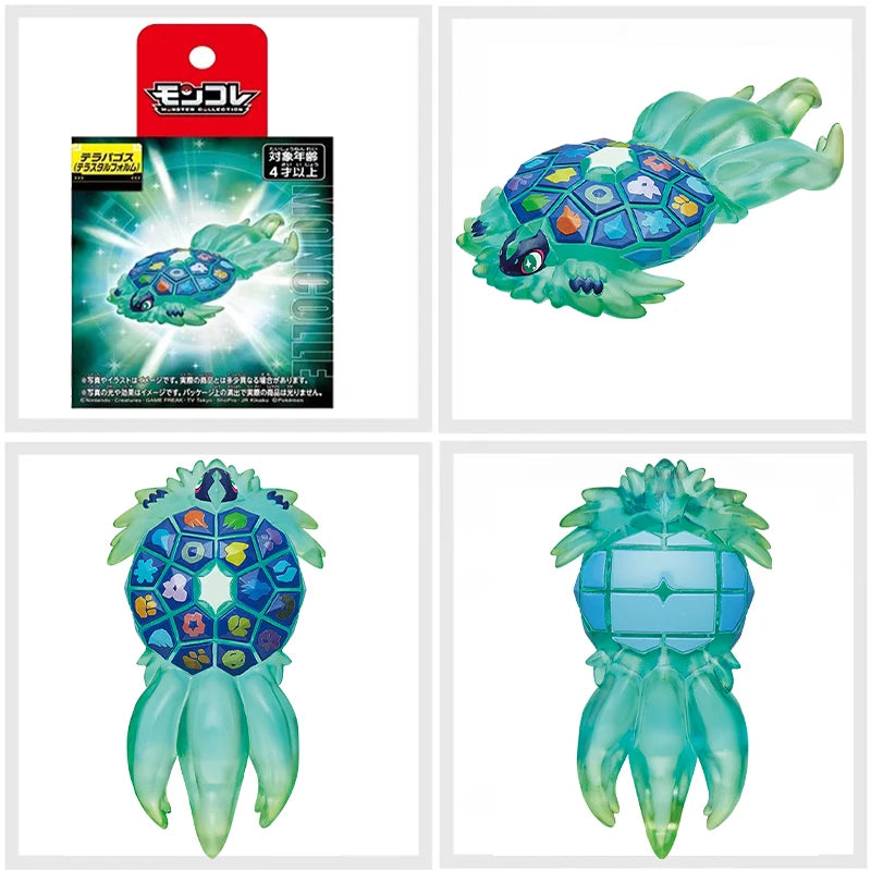 Figurines articulées de la collection Moncolle représentant Rayquaza (version classique et Shiny) ainsi que Torterra avec leurs emballages officiels.