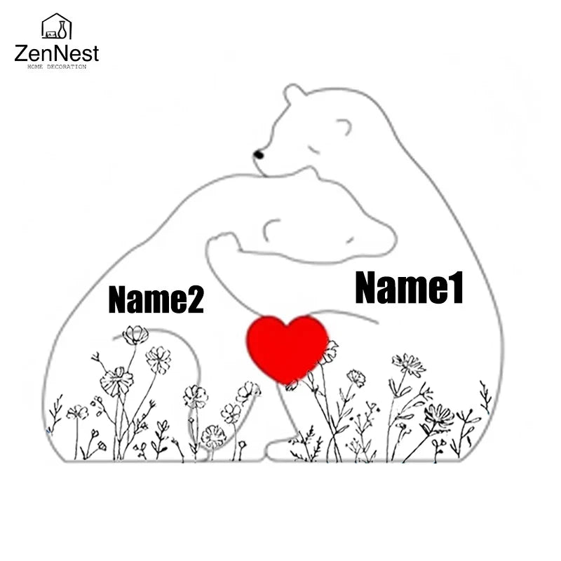 Statuette Ours Famille en Bois Personnalisée – Puzzle Décoratif Gravé Prénoms
