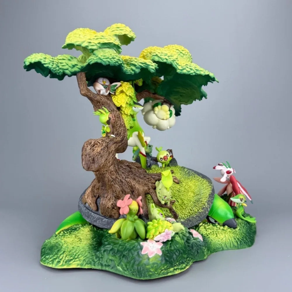 Grand diorama Pokémon sur le thème de la nature représentant un arbre majestueux avec plusieurs Pokémon de type Plante intégrés sur un environnement naturel