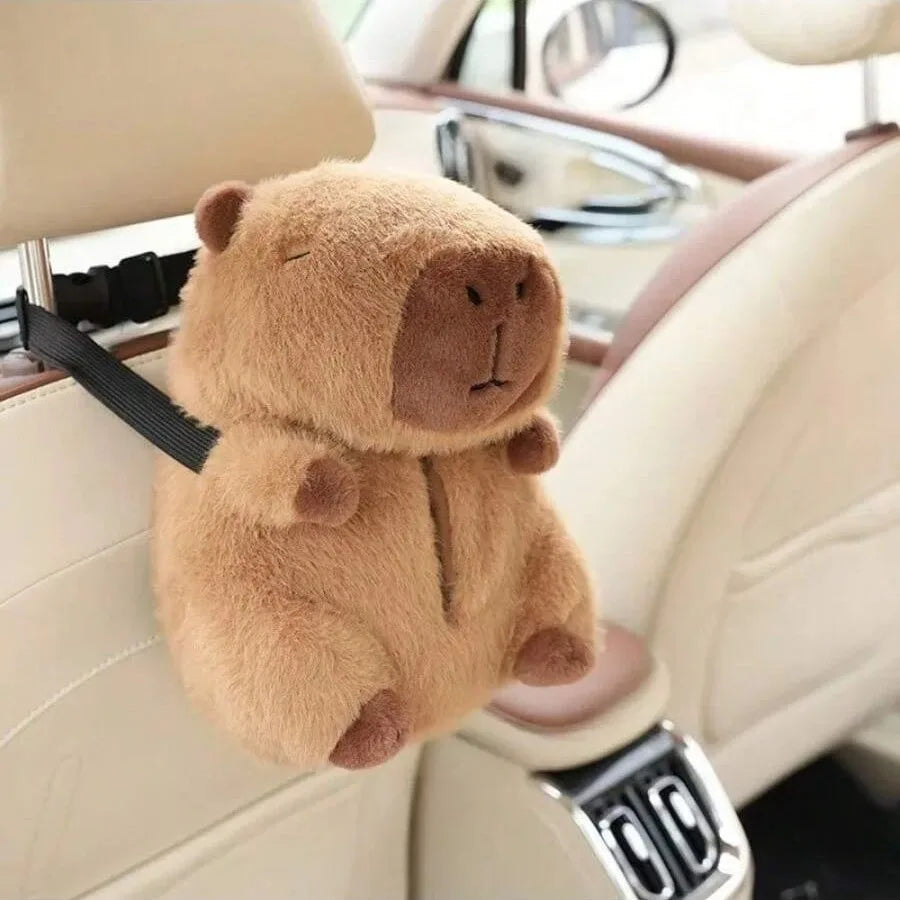 Kit Accessoires Auto Peluche Capybara – Repose-Tête, Protège-Ceinture & Boîte Mouchoirs