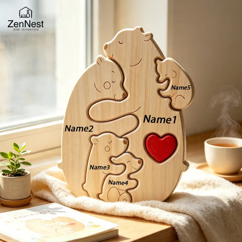 Puzzle Familial Ourse & Oursons en Bois Personnalisé – Statuette Cœur Gravée
