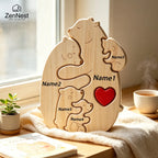 Puzzle Familial Ourse & Oursons en Bois Personnalisé – Statuette Cœur Gravée