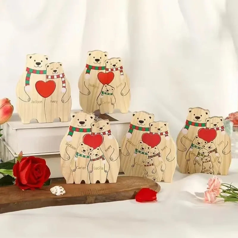 Statuette Ours Noël en Bois Personnalisée – Puzzle Décoratif Écharpe & Cœur Gravé