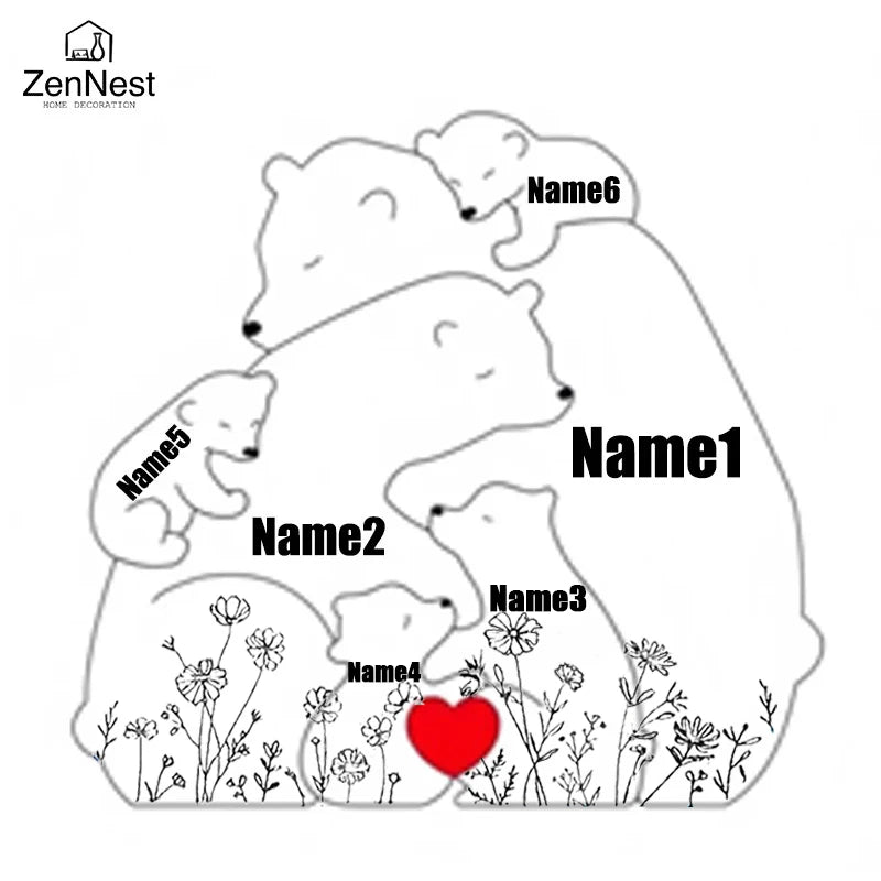 Statuette Ours Famille en Bois Personnalisée – Puzzle Décoratif Gravé Prénoms